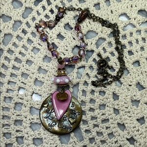 Pink enameled Heart Pendant & glass beaded Necklace